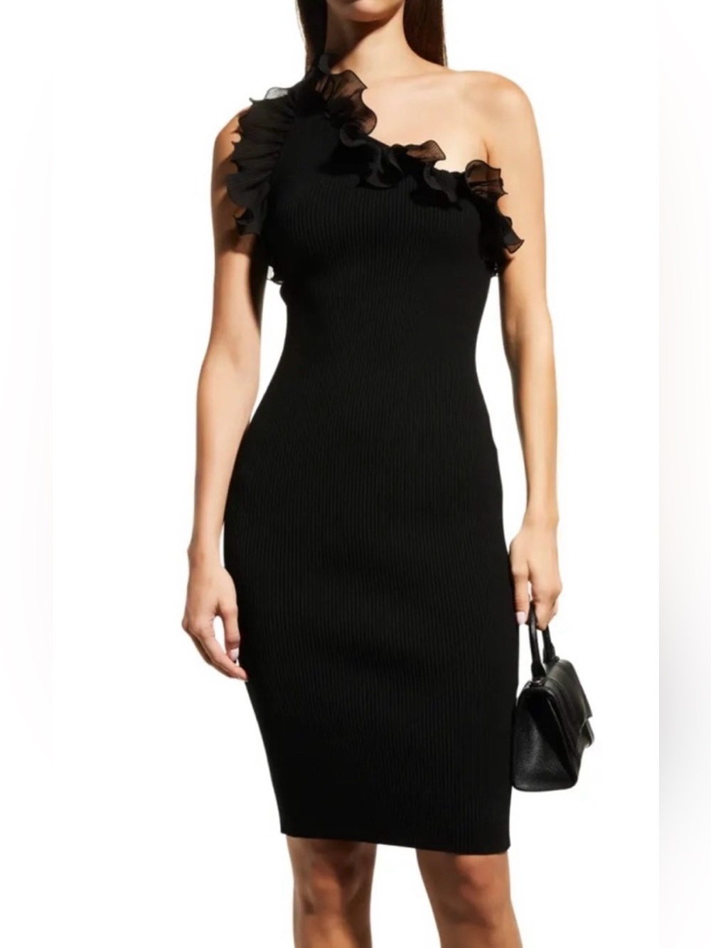 NWT Milly Mixed Media Scalloped Black One-Shoulder Knit Dress